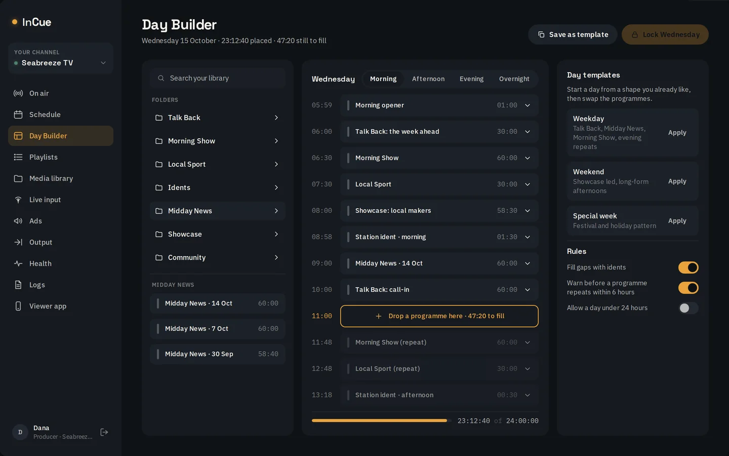 Day Builder: a day laid out in blocks, with day templates and fill rules.