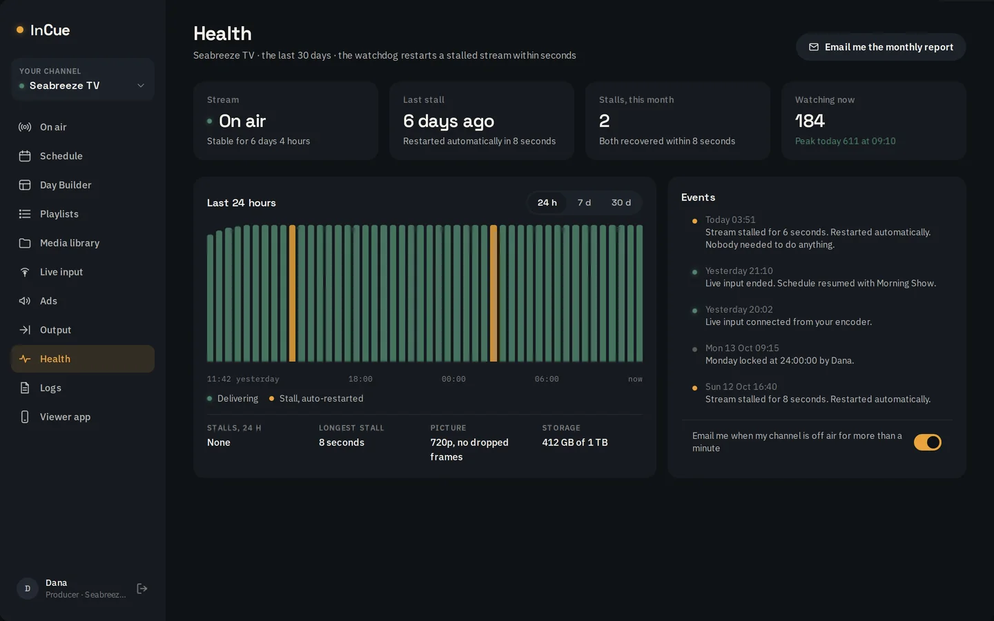 Health: stream state, stalls, a 24 hour bar and a plain-language event list.