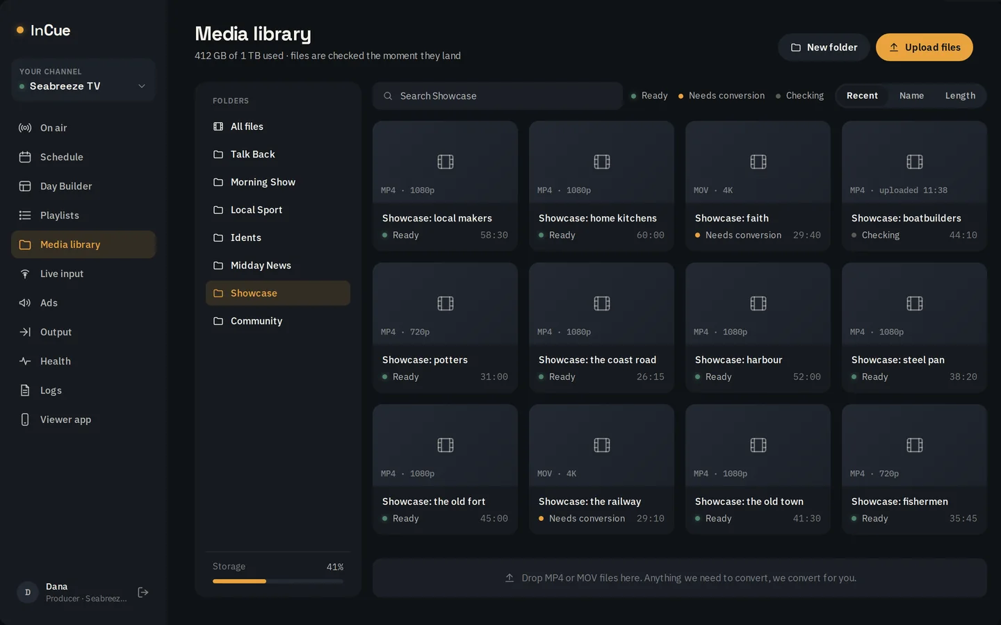 Media library: folders, programme thumbnails with Ready or Needs conversion, and the storage bar.