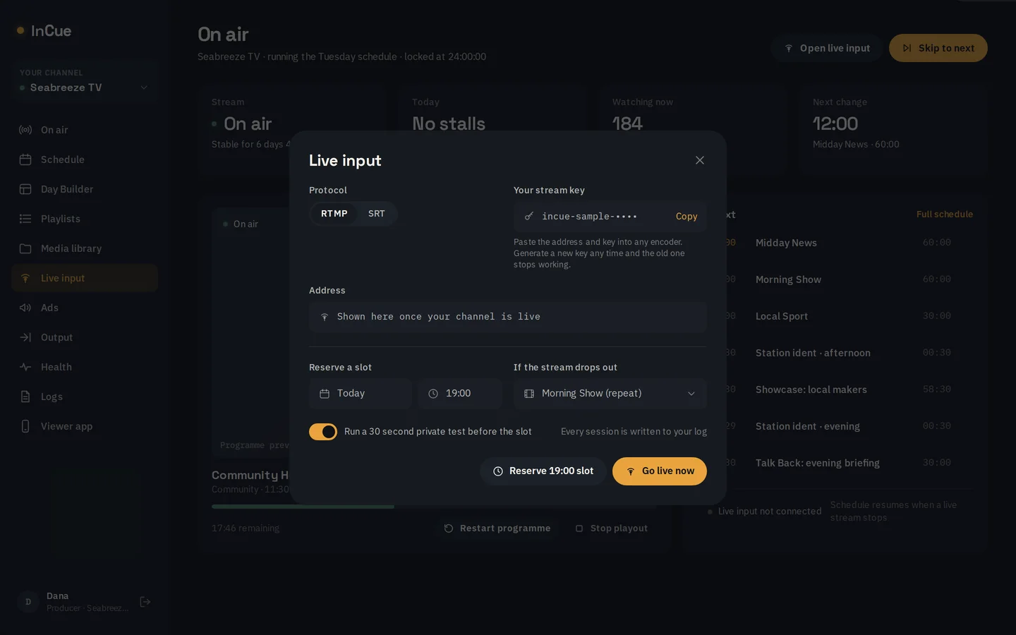 Live input: RTMP or SRT, a stream key, a reserved slot and what plays if the stream drops.