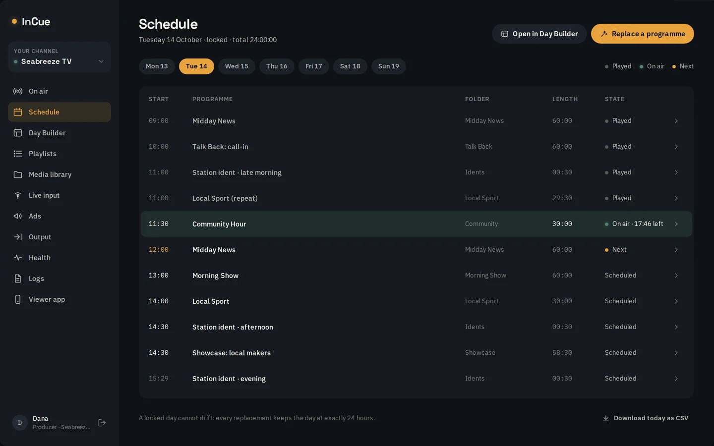 Schedule: one day as a running order with played, on air and next states.