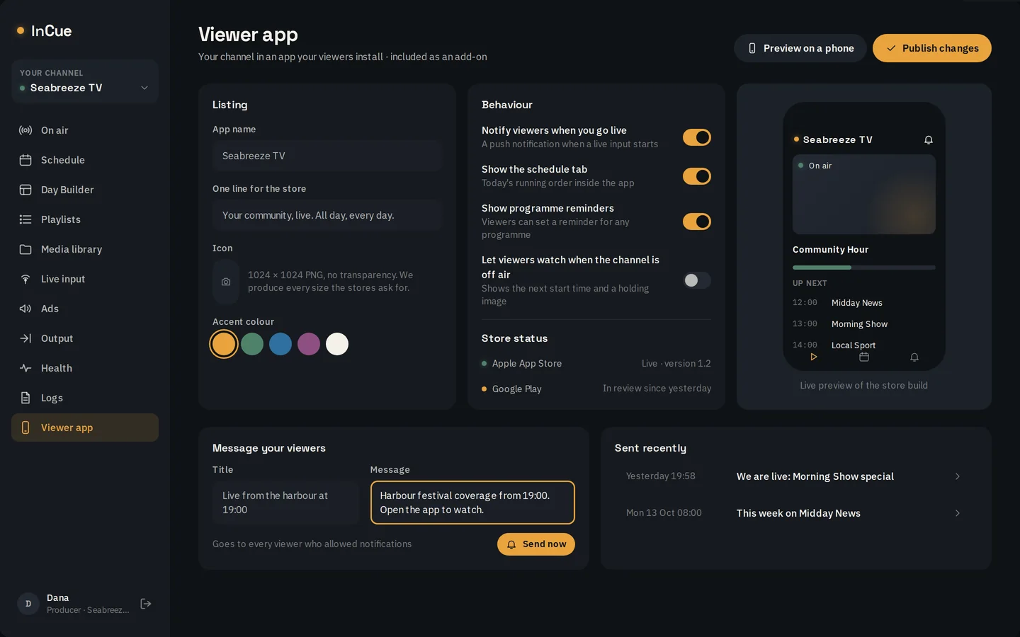 Viewer app settings: listing, icon, accent colour and notifications, with a phone preview.