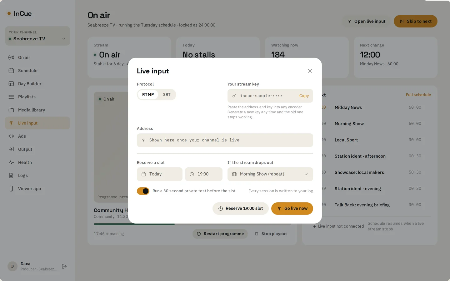 Live input: protocol, stream key, a reserved slot and what plays if the stream drops.
