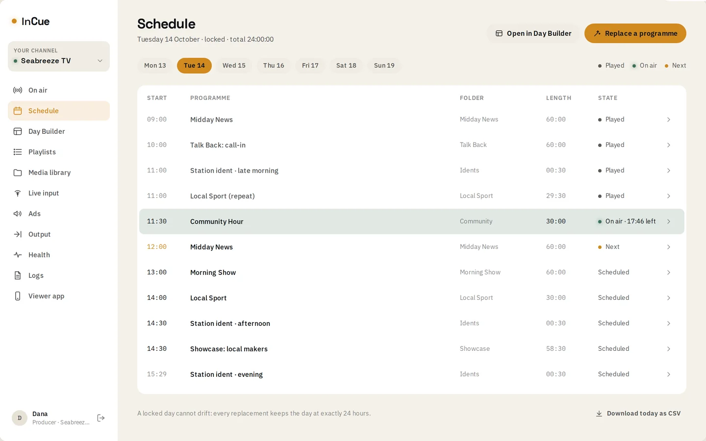 The Schedule screen: one day as a running order, with played, on air and next states.
